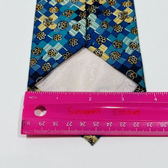 YSL Yves Saint Laurent Silk Necktie Blue Floral Geometric Handmade Italy - Picture 7 of 8